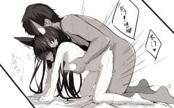 1boy all_fours animal_ear_fluff animal_ears azur_lane bird_hair_ornament breasts chinese_commentary chinese_text commentary_request completely_nude doggy_style female fox_ears fox_girl grabbing_another's_breast grabbing_from_behind greyscale groping hair_ornament hamiro long_hair monochrome nagato_(azur_lane) nipples nude paid_reward_available small_breasts socks speech_bubble straight