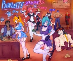 blue_hair brawl_stars breasts brock_(brawl_stars) cat_ears cat_gloves cat_tail choker clothed colette_(brawl_stars) cosplay dress edgar_(brawl_stars) el_primo_(brawl_stars) eyebrow_piercing fang_(brawl_stars) lawrie_(brawl_stars) legs maid maid_outfit maid_uniform panties pierced_ears piercing pink_hair skirt stockings supercell thbahabu_pajn357 thighs white_body white_skin yellow_hair
