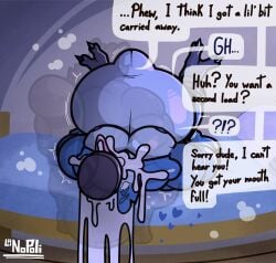 abdominal_bulge anthro avian balls big_balls bird blue_body blue_feathers blue_jay bodily_fluids brown_body brown_fur cartoon_network corvid cum cum_in_mouth cum_inflation cum_inside dialogue duo english_text excessive_cum excessive_genital_fluids eye_roll feathers feet fur genital_fluids genitals glistening glistening_body heart_symbol hi_res hyper hyper_abdominal_bulge inflation jay_(bird) lanopoli male male/male mammal mordecai_(regular_show) muscular muscular_anthro muscular_male new_world_jay onomatopoeia oral oral_penetration oscine passerine pecs penetration procyonid raccoon regular_show rigby_(regular_show) sound_effects talons text toes tongue tongue_out translucent upside_down