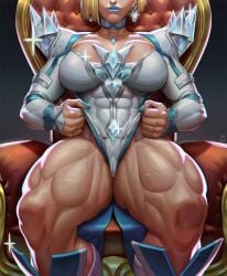 abs armor blonde_hair blue_lips blue_nails boots breasts cameltoe choker cleavage diamond_earrings earrings emma_frost highres jewelry large_breasts leotard looking_at_viewer marvel marvel_rivals muscular muscular_female pauldrons short_hair shoulder_armor simple_background sitting smile thick_thighs thighs throne veins veiny_thighs xevious_art