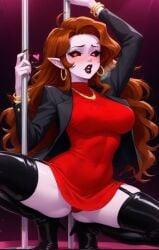 ai_generated big_ass black_jacket blush brown_hair female female_only friday_night_funkin jewelry legitimate long_hair long_nails messy_hair milf mommy mommy_mearest pole pole_dancer pole_dancing red_dress red_eyes solo solo_female stripper_pole thick_hair thick_thighs