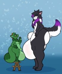 2025 absurd_res animal_genitalia anthro ass ball_size_difference ball_squish balls balls_touching big_balls big_butt big_sheath black_hair blush blush_lines canid canine canis comparing comparing_balls cynabuns digital_drawing_(artwork) digital_media_(artwork) domestic_dog duo eyewear fur furniture genitals glasses green_body green_fur hair hand_on_mouth hi_res huge_balls huge_butt huge_sheath husky hyper hyper_balls hyper_butt hyper_genitalia hyper_sheath laugh leaf leaf_on_head long_hair long_tail male male/male mammal marley_(sudsypup) multicolored_body multicolored_fur neck_tuft nordic_sled_dog nude nude_anthro orange_eyes raccoon_dog sheath size_difference spitz squish standing_on_stool stool sudsypup tail tanuki thick_thighs tuft