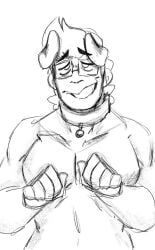 bell bell_collar bwabwamoonie chance_(date_everything) collar d20 date_everything dog_boy dog_collar dog_ears glasses muscular muscular_male paw_hands paw_pose puppyplay shirtless shirtless_male