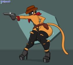 anthro ass belt big_butt bloons_tower_defense bracelet clothed clothing cowboy_hat desperado_(bloons) footwear fur gun haplorhine hat headgear headwear hi_res high_heels holding_gun holding_object holding_ranged_weapon holding_weapon holster jewelry kerchief male mammal monkey ninja_kiwi orange_body orange_fur primate ranged_weapon shoes solo tail thetyrant thong topless topless_male underwear weapon