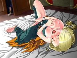 bare_shoulders barefoot bed belt bianca_whitaker blonde_hair blush braid breast_grab breasts closed_eyes clothed_masturbation clothing door dragon_quest dragon_quest_v dress feet female green_dress highres indoors legs long_braid long_hair lying masturbation medium_breasts moaning no_bra no_panties on_bed one_breast_out open_mouth saliva self_fondle shiny shiny_hair single_braid solo_focus spread_legs strapless sweat thighs toes vermilion voyeur voyeurism