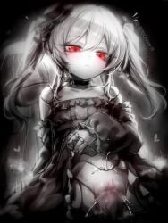 1boy blur_censor breasts censored clothes_lift cum cum_in_pussy cum_overflow doll_joints dress dress_lift eudie_(shadowverse) female greyscale hat highres joints kupa_(jesterwii) lifting_own_clothes long_hair long_sleeves looking_at_viewer mini_hat monochrome orchis parted_lips penis puffy_long_sleeves puffy_sleeves pussy red_eyes sex shadowverse sideways_hat small_breasts spot_color straight twintails vaginal_penetration young