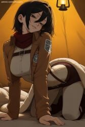 1girl ai_generated all_fours attack_on_titan bed_sheet belt black_eyes black_hair breasts emblem hair_between_eyes hi_res high_quality high_resolution indoors jacket large_breasts lips long_sleeves looking_at_viewer mikasa_ackerman on_bed paradis_military_uniform patreon patreon_username scarf seductive sexy short_hair smile solo uncensored uniform watermark