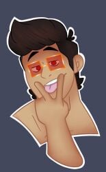 brown_hair brown_hair_male bwabwamoonie chance_(date_everything) d20 dark_brown_hair dark_hair dark_hair_male date_everything glasses lewd lewd_gesture red_eyes red_glasses teasing teasing_viewer tongue_between_fingers tongue_out