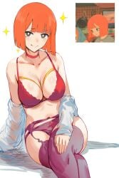 1girls :q absurdres alternate_breast_size bare_shoulders blunt_bangs blush bob_cut bow bow_panties breasts cleavage collarbone crossed_legs feet_out_of_frame hews highres large_breasts mcdonald's mom_(japanese_mcdonald's_commercial) mother_(yoru_mac) off_shoulder orange_hair panties product_girl purple_garter_belt purple_garter_straps purple_panties purple_thighhighs shirt sitting smile sparkle thighhighs thighs tongue tongue_out underwear white_background white_shirt yoru_mac