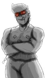 blush blush blush_lines bwabwamoonie chance_(date_everything) crossed_arms d20 date_everything fully_clothed glasses licking_blood licking_lips muscular muscular_male nosebleed partially_colored red_eyes red_glasses tank_top