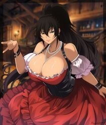 1girls black_hair breasts_bigger_than_head calvera_(saint_seiya) cleavage dress female green_eyes huge_breasts indoors ingridd88 long_hair ponytail saint_seiya saint_seiya:_the_lost_canvas smile solo tavern tavern_wench