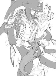 2boys ^^^ arm_fins ascot bar_censor blush bridal_gauntlets censored cloaca commentary_request fingering fingernails fins fish_boy gills greyscale hand_on_another's_chest head_fins headpiece highres interspecies jewelry linea_alba link long_pointy_ears looking_at_another male male_focus medium_hair merfolk merman monochrome monster_boy multiple_boys navel necklace open_mouth parted_lips pectorals penis pointy_ears scales sharp_fingernails shoulder_blush sidon simple_background speech_bubble sweat teto_ten the_legend_of_zelda the_legend_of_zelda:_breath_of_the_wild white_background yaoi zora