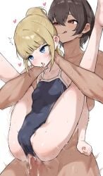 2girls ahe_gao anal anal_addiction anal_only anal_orgasm blonde_hair blue_eyes blush breasts brown_hair competition_school_swimsuit dark-skinned_female dark_skin female folded fucked_silly full_nelson futa_with_female futanari heart height_difference highres intersex kei_(m_k) large_breasts large_penis leg_grab legs_over_head legs_up lifting_person long_hair loving_it m_k multiple_girls one-piece_swimsuit original penis ponytail red_eyes reverse_suspended_congress rika_(m_k) rolling_eyes school_swimsuit sex sex_from_behind short_hair simple_background size_difference spread_legs standing sweat swimsuit tall_female tan tomboy