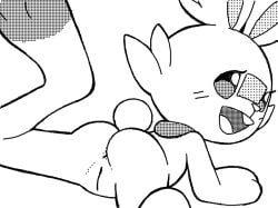 3_toes anthro anus ass black_eyes blush blush_lines cheek_tuft digital_drawing_(artwork) digital_media_(artwork) facial_tuft feet female female_anthro gaturo generation_8_pokemon genitals humanoid_genitalia humanoid_vulva looking_back lying monochrome nintendo on_front open_mouth open_smile pokemon pokemon_(species) round_tail scorbunny short_tail simple_background smile solo tail teeth toes tongue triangle_nose tuft vulva white_background