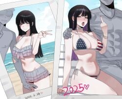 1girls 2boys american_flag_bikini arm_around_shoulders arm_grab armband beach before_and_after bikini black_hair breasts chest_tattoo cleavage dyed_hair earrings empty_eyes faceless_male frilled_bikini grey_eyes large_breasts middle_finger navel_piercing peace_sign photo photo_(object) piercing purple_hair ratatatat74 side_tie_bikini sitting smile standing swimsuit tattoo tongue tongue_out tongue_piercing