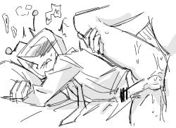 2boys anal anal_sex blush censored deltarune deltarune_chapter_3 male monochrome object_head sketch spread_legs suit suit_and_tie sweat tenna_(deltarune) tie