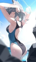 abydos_high_school_student big_ass big_breasts blue_archive blue_eyes female sea shiroko_(swimsuit)_(blue_archive) short_hair swimsuit video_game_character wako_(1194433260) wet wet_clothes wet_skin wolf_ears wolf_girl
