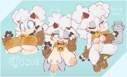 anthro big_breasts blue_eyes blue_sclera blush bodily_fluids boots bovid breast_milking breasts caprine clothing female footwear genitals hi_res horn idw_publishing lactating lanolin_the_sheep lanolin_the_sheep_(sonic) mammal pizzacat pubes pussy sega sheep shoes sonic_(series) sonic_the_hedgehog_(comics) sonic_the_hedgehog_(idw) sonic_the_hedgehog_(series) vulva wet wet_clothing