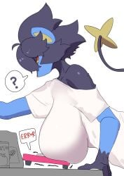 1girls 2025 ? absurd_res anthro big_breasts breasts buta99 clothed clothed_anthro clothed_female clothing digital_media_(artwork) female female_only fingers fur generation_4_pokemon grey_body grey_fur grey_hair grey_tail hair looking_down luxray nintendo pokemon pokemon_(species) red_sclera shirt side_view simple_background solo spoken_question_mark standing t-shirt tail topwear yellow_eyes