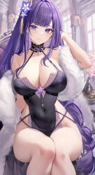 1girls big_breasts cleavage curvy earrings female female_only genshin_impact hair_ornament hi_res highres large_breasts loki1998 long_hair looking_at_viewer mole mole_under_eye purple_eyes purple_hair raiden_shogun sitting solo solo_female thick thick_thighs voluptuous wide_hips