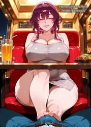 1boy ai_generated alcohol bangs bare_shoulders barefoot beer blacked blush breasts chair cheating cleavage crossed_legs cuckold cuckolding cup dark-skinned_male denim dress drinking_glass earrings erection eyebrows_visible_through_hair feet female hair_between_eyes honkai:_star_rail indoors isbjorne jeans jewelry kafka_(honkai:_star_rail) long_hair looking_at_viewer netorare pants parted_lips pov purple_eyes purple_hair sidelocks sitting smile solo_focus table thick_thighs thighs toes