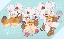 anthro big_breasts blue_eyes blue_sclera blush bodily_fluids boots bovid breast_milking breasts caprine clothing female footwear genitals hi_res horn idw_publishing lactating lanolin_the_sheep lanolin_the_sheep_(sonic) mammal pizzacat pubes pussy sega sheep shoes solo sonic_(series) sonic_the_hedgehog_(comics) sonic_the_hedgehog_(idw) sonic_the_hedgehog_(series) vulva wet wet_clothing