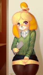 2018 alternate_body_type animal_crossing anthro blonde_hair blush canine clothed clothing clothing_lift digital_media_(artwork) female hair holding_object inside isabelle_(animal_crossing) legwear looking_at_viewer mammal nintendo no_underwear purple_eyes pussy shih_tzu solo tawni_tailwind thick_thighs thigh_highs thighs upskirt video_games