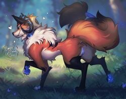 2025 4_toes anus ass black_horn blue_eyes blue_pawpads brown_body brown_fur brown_tail canid canine claws clenched_teeth collar countershade_fur countershade_torso countershading dialogue digital_media_(artwork) english_text feet female feral fox fur genitals heart_symbol hi_res horn looking_at_viewer looking_back looking_back_at_viewer mammal on_ground outside pawpads paws pussy quadruped rear_view saphara_(vivxian) smile solo speech_bubble standing tail talking_to_viewer teeth text tlt_echelon toe_claws toes vulva