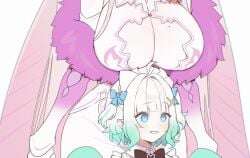 2girls aqua_sleeves arms_at_sides arthropod_girl arthropod_limbs black_bow black_bowtie blue_eyes bow bowtie breasts cleavage cleavage_cutout clothing_cutout cockroach_girl commentary derivative_work dress female frills fur-trimmed_dress fur_trim ghost_girl gradient_hair green_hair hair_ornament head_out_of_frame huge_breasts indie_virtual_youtuber long_hair maid_headdress matara_kan matara_kan_(1st_costume) mint_fantome mint_fantome_(minto_2.0) mole mole_on_breast monster_girl multicolored_hair multiple_girls parted_lips pink_hair pointy_ears screenshot_redraw short_hair simple_background size_difference smile streaked_hair symbol-only_commentary terupancake two-tone_hair two_side_up very_long_hair virtual_youtuber vshojo white_background white_dress white_hair white_headdress x_hair_ornament youtube youtuber