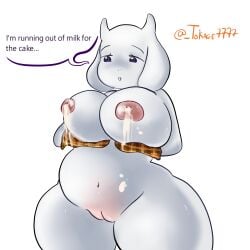 big_belly big_breasts big_butt big_nipples big_thighs cooking furry furry_female goat holding_breast horns kitchen_gloves long_ears milk milking_breasts pink_nipples pink_pussy purple_eyes tokage7777 toriel toriel_(undertale) toriel_dreemurr white_body white_fur worried