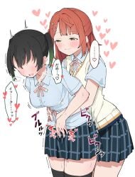 ... 2girls black_hair black_thighhighs blue_shirt blue_skirt blush breasts collarbone collared_shirt colored_speech_bubble commentary_request cowboy_shot dress_shirt female female_orgasm gradient_hair green_eyes green_hair hair_bun hair_ornament hairclip half-closed_eyes half_updo hands_on_another's_hands hands_on_another's_stomach heart highres liz_(piyoko_piyop) love_live! love_live!_nijigasaki_high_school_idol_club medium_breasts medium_hair miniskirt motion_lines multicolored_hair multiple_girls neck_ribbon nijigasaki_school_uniform no_eyes open_mouth orange_hair orgasm parallel_hairclips pink_ribbon plaid_clothes plaid_skirt pleated_skirt pussy_juice raised_inner_eyebrows ribbon school_uniform shirt short_sleeves sidelocks simple_background single_side_bun skirt sound_effects speech_bubble speed_lines spoken_ellipsis spoken_heart standing summer_uniform sweater_vest takasaki_yuu thighhighs twintails uehara_ayumu variant_set white_background womb_massage yellow_sweater_vest yuri zettai_ryouiki