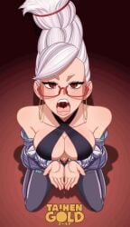 1female 1girls ayase_seiko big_breasts blush blush blush_lines blushing_at_viewer breasts dandadan female female_focus female_only grey_hair holding imminent_oral kneeling light-skinned_female light_skin long_hair looking_at_viewer on_knees only_female open_mouth red_eyes saliva tagme taihengold tongue tongue_out video