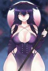 anime_style big_breasts chounyuu cleavage cute dark_girl dark_hair fantasy_theme female long_hair moon_background moon_light open_clothes original original_character purple_outfit revealing_clothes seductive_pose solo staff thigh_gap tight_clothing underboob yumi_mi