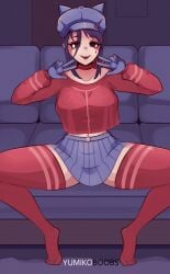 anime_style barefoot blue_skirt cat_hat couch_sitting cute fanart female gloves misaid mita_(misaid) pantyshot red_sweater smiling solo spread_legs striped_thigh_highs suggestive_pose thigh_highs upskirt yumi_mi