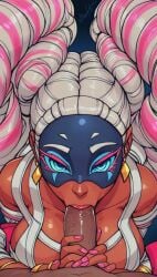 1boy 1girls ai ai_generated arms_(game) blowjob blowjob_face blue_eyes braids dark-skinned_female dark-skinned_male dark_skin earrings fellatio female female_focus long_hair male mask multicolored_hair nintendo oral penis pink_nails pov pov_male quinzo11 self_upload sucking sucking_dick sucking_penis twintelle