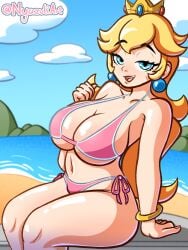 1girls artist_name bikini blonde_hair blue_eyes bracelet breasts cleavage crown female large_breasts long_hair looking_at_viewer mario_(series) navel nintendo nyazuliart open_mouth pink_bikini princess_peach side-tie_bikini solo solo_female solo_focus swimsuit thighs tongue