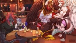 absurd_res adelaide_(acluelessbull) alcohol anthro beverage big_muscles clothing couples daru_brek daru_brek_(daru_brek) dragon erection erection_under_clothing facial_piercing furniture gabriel_(acluelessbull) genitals hi_res hooves huge_muscles hybrid hyper hyper_muscles kaishi_brek_(kaishi_brek) male mane muscular mythological_creature mythological_scalie mythology nose_piercing nose_ring penis piercing ring_piercing scalie septum_piercing table tail topwear vest wings