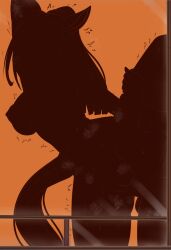 1boy anal animal_ears breasts character_request commission copyright_request cowboy_shot female fuzzlogik heart high_ponytail highres large_breasts long_hair motion_lines nipples orange_background ponytail pussy sex silhouette simple_background solo_focus standing standing_on_one_leg standing_sex straight trembling very_long_hair window