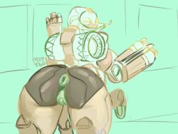 2018 2d anus ass big_butt blizzard_entertainment female gaping gaping_anus horn living_machine looking_at_viewer machine momtown omnic orisa overwatch presenting presenting_anus robot simple_background solo spread_legs spreading taur video_games weapon