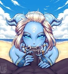 1boy 1girls beach big_breasts big_penis blizzard_entertainment blowjob blue_skin breasts cum cum_in_mouth draenei fellatio female handjob horns interspecies male nude oral oral_sex original_character penis pov pyrista swallowing swallowing_cum tauren trenuk voluptuous voluptuous_female warcraft white_hair wide_hips world_of_warcraft