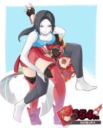 2girls barefoot female fingering grabbing hold lock open_mouth pain pro_wrestling pyra restrained restrained_arms screaming super_smash_bros. suspended tongue_out white_skin wii_fit wii_fit_trainer wrestling_move xenoblade_(series) xenoblade_chronicles_2