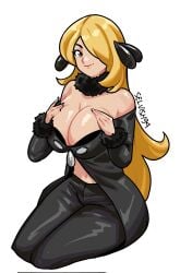 1girls artist_name bare_shoulders black_bra black_pants blonde_hair bra bra_peek breasts cleavage cynthia_(pokemon) female game_freak hair_over_one_eye large_breasts long_hair long_sleeves looking_at_viewer navel nintendo pants pokemon pokemon_dppt seiza selvish94 simple_background solo solo_female solo_focus white_background