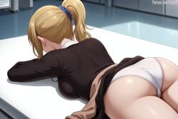 1girls ai_generated ass_focus blonde_hair blue_eyes dress dress_lift facing_away female female_only hair_between_eyes hayasaka_ai kaguya-sama_wa_kokurasetai_~tensai-tachi_no_renai_zunousen~ long_hair lying lying_on_stomach medium_breasts panties patreon salupai side_ponytail solo solo_female uncensored watermark white_panties