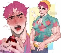 1boy abby_(kpop_demon_hunters) aommemi artist_name beanie blush english_text hat kpop_demon_hunters male male_focus male_only muscular muscular_male netflix open_mouth pecs pectorals pink_hair saja_boys shirt solo solo_male text tongue tongue_out