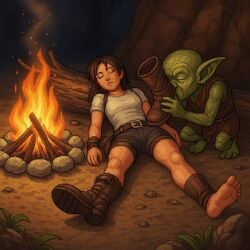 boots cave fire foot_fetish goblin lara_croft sleeping smelling