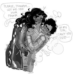 2boys amir_(date_everything) ass_grab ass_grab_from_front ass_grope awwlba beard black_and_white black_hair blush blush_lines butt_grab crooked_nose curly_hair date_everything dialogue dialogue_bubble gay hector_(date_everything) insecure kissing kissing_hand male male/male page_1 sheer_sleeves shiny_clothes shy steam steaming_body sweat sweatdrop tan_body tan_skin tanned tanned_male tanned_skin text text_bubble wavy_hair