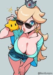 ai_assisted alternate_costume blonde_hair blue_eyes busty cleavage crown denim denim_shorts gourdlumpins hair_over_one_eye hanging_breasts large_breasts leaning_forward legs lips long_hair luma mario_(series) mario_kart mario_kart_world painted_nails presenting_breasts princess princess_rosalina sunglasses super_mario_galaxy super_smash_bros. thighs