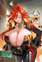 2girls english_text genshin_impact mavuika_(genshin_impact) text tickling_machine xilonen_(genshin_impact)