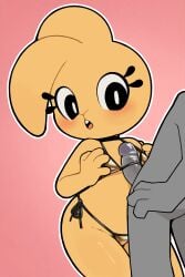 adult_(lore) anthro anthro_on_anthro biped blush bonita_(gaturo) clothed clothing domestic_cat duo eyelashes felid feline felis female female_anthro flat_chested gaturo genitals hi_res interspecies lagomorph leporid male male/female male_anthro mammal marte_(gaturo) naizuri nude open_mouth penis pupils rabbit simple_background standing swimwear thick_thighs three-quarter_view white_sclera