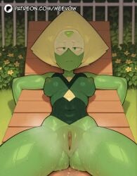 1girls ai_generated blonde_hair breasts clitoris closed_mouth colored_skin female forehead_jewel green_eyes green_skin looking_at_viewer lying medium_breasts meevow nipples nude on_back patreon_username peridot_(steven_universe) pussy pussy_juice solo spread_legs steven_universe sweat uncensored